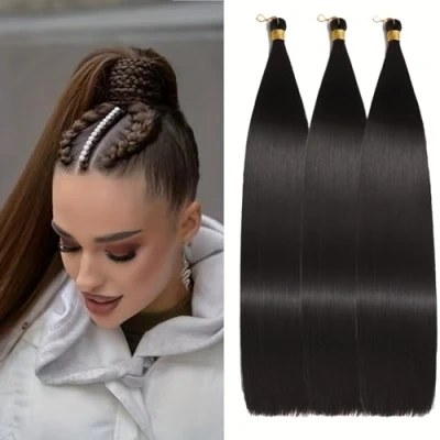 Image of Locescsoc 24 Inch Straight Hair Extensions 150g 3 Packs Bone Braiding Hair, Black Ariel Ponytail Bundles, Ombre Soft Synthetic Crochet Box Braids for Women(4#)