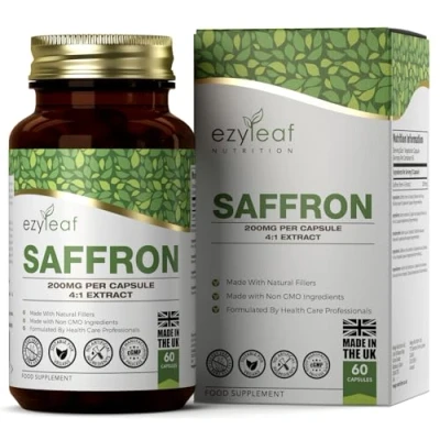 Image of Ezyleaf Saffron Supplement 60 High Strength Capsules 200mg (from 4:1 Extract) Safron Herb Extract per Serving Non GMO, Gluten &amp; Allergen Free Manufactured in The UK