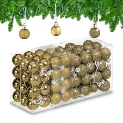 Image of Relaxdays Christmas Baubles Set of 96, Glittering, Matt and Sparkles, Plastic, Traditional Spheres, Decorations, Gold, 4 x 3 cm