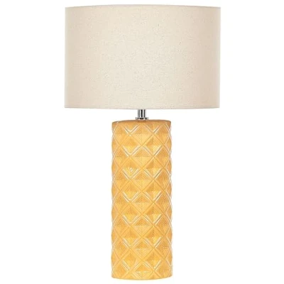 Image of Ceramic Bedside Table Lamp Beige Drum Shade Geometric Pattern Yellow Balonne