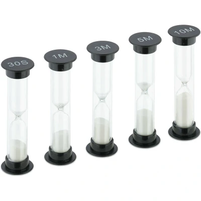 Image of Relaxdays Hourglass Set, 5 Piece, Sand Timer, 30 sec, 1/3/5/10 min, H x D: 9 2.5 cm, Children, Cooking, Black/White