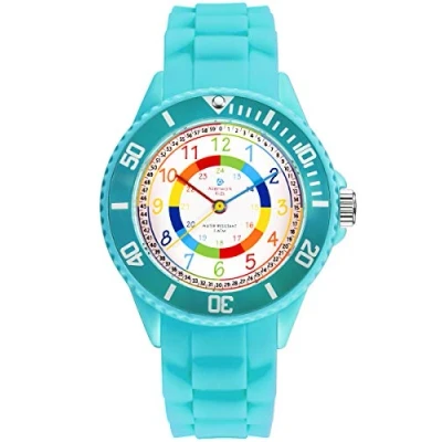 Image of Alienwork Kids Children&#039;s Teacher Watch Girls Turquoise Silicone Strap Multi Coloured Kid Waterproof 5 ATM Learning Time