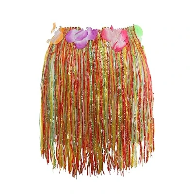 Image of Multicoloured Hawaiian Hula Skirt Short 40cm with Flowers Perfect for Fancy Dress Beach Party Costume and Other Events
