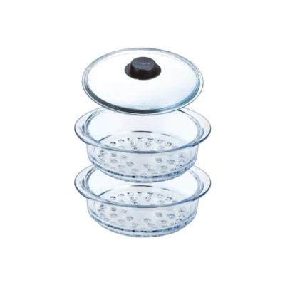 Image of Pyrex Double 20cm Steam basket and lid with knob cooking Borosilicate glass Made in France (2 steamer basket)