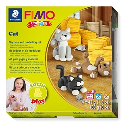 Image of STAEDTLER 8034 16 LZ FIMO Kids Form&amp;Play Playtime &amp; Modelling Polymer Clay Set &quot;Cats&quot; (Pack of 4 Blocks, Stickers, Tools Background Scene)