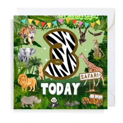 Image of Second Ave Safari Jungle Animal 3rd Birthday Age 3 Square Children&#039;s Kids Greeting Card for Boy or Girl