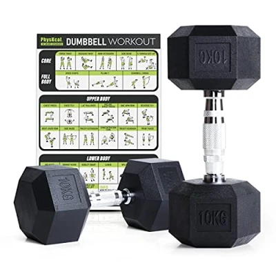 Image of PhysKcal Hex Dumbbells Set 10KG Pair, Odourless Poly Rubber Encased 5KG 7.5KG 12.5KG 15KG 20KG Pair or Single Home Gym Weights