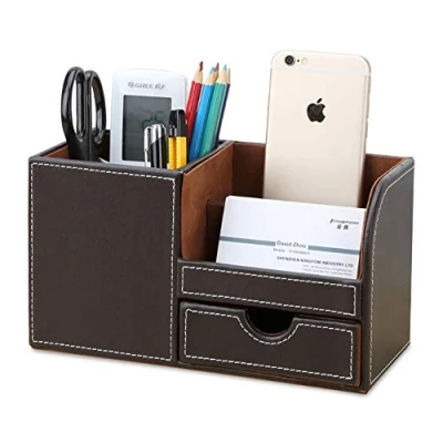 Image of KINGFOM Desk Organiser Tidy Caddy Leather Pen Pencil Pots Holder Stationery Storage Office Desktop Supplies Organisers with Drawer Brown