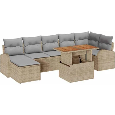 Image of vidaXL 8 Piece Garden Dining Set with Cushions Beige Poly Rattan Acacia