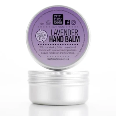 Image of Lavender Hand Balm. 100% Natural, Nourishes, protects andsoftens hands. British Essential Oil Skin Softening Balm by Our Tiny Bees Skincare 45ml. Moisturises, Protects, and softens.