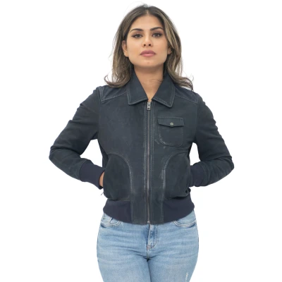 Image of Ladies Navy Blue Leather MA 1 Varsity Bomber Jacket 4XL