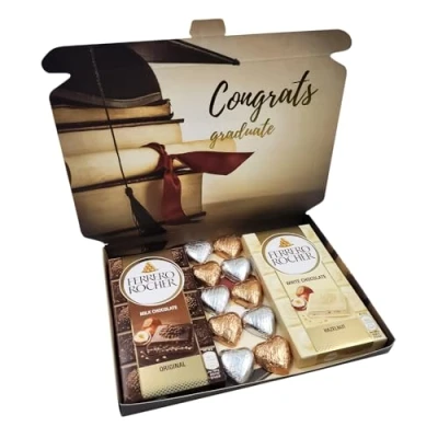 Image of Evelay Graduation Day Gift Box Hamper Containing 1x Ferrero Rocher Milk Bar White Chocolate 5x Silver Hearts Blue Wrapped