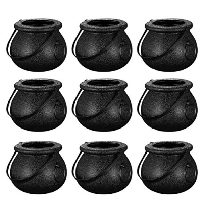 Image of 12pcs Halloween Candy Buckets Small Trick or Treat Holder Pot Black Plastic Cauldron Kettle, 6x5.5cm