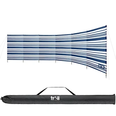 Image of Trail Premium 7 Pole Wooden Windbreak with Bag, 5.4m x 1.25m Tall Windbreaker Sun Shelter Privacy Screen Metal Spikes, Reinforced Stitching, Outdoor Camping Festival Garden (Blue &amp; White Striped)