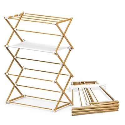 Image of VOUNOT Folding Clothes Airer Extendable Tower Space Saving Dryer with 3 Levels Metal Wood Look, 75 x 63 169 cm