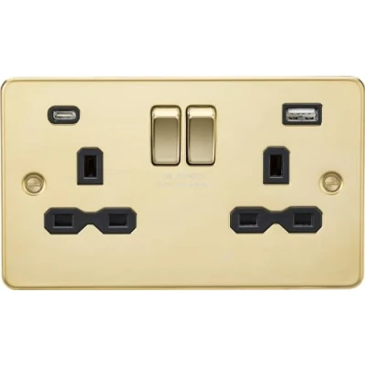 Image of KnightsBridge 13A 2G SP Flat Plate Switched Socket with Dual USB A+C Polished Brass, Black Insert