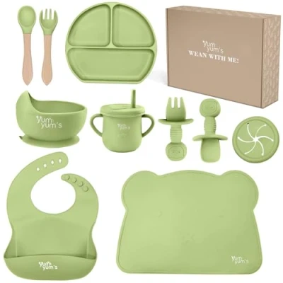 Image of Yum Yum&#039;s Baby Weaning Set Includes Toddler Water Bottle, Cups, Bowls, Spoon, Fork, Plate &amp; More Feeding Gifts Present 10 Pieces (Mint Green)