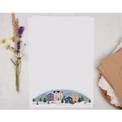 Image of Making Meadows A4 Lined Letter Writing Paper Set (20 Sheets &amp; 10 envelopes) Christmas Snow Village Design On Penpal Stationery