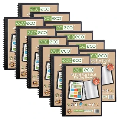 Image of eco A5 50% Recycled 20 Pocket Fold Flat Spiral Bound Display Book, Pack of 12, eco136x12