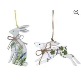 Image of Gisela Graham set of 2 Easter hanging decorations hares with herb design Wood Decoration
