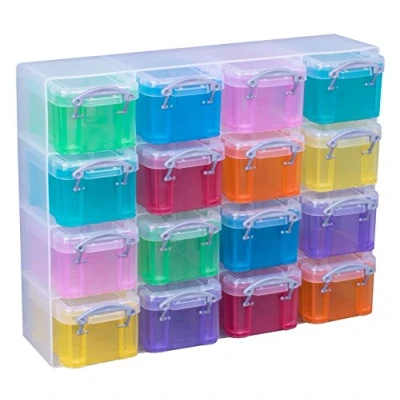 Image of Really Useful Organiser, 16 x 0.14 Litre Storage Boxes in a Clear Plastic Organiser and Assorted Coloured