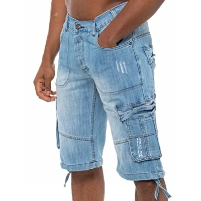 Image of 989Zé ENZO Mens Shorts EZS404 Raw Combat Cargo Pockets Casual Knee Length Denim Half Pants LSW 36