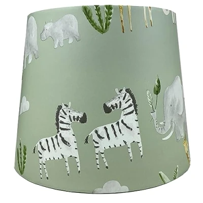 Image of Green Safari Animal Lampshade Ceiling Light Shade for Kids Jungle Elephant Zebra Giraffe Theme Nursery Decor Bedroom Accessories Table Lamp