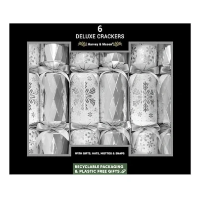 Image of Harvey &amp; Mason 6 Deluxe Christmas Cracker Silver And White Snowflake Winter Print Luxury Party Table Decoration