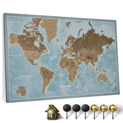 Image of Canvas World Map with Cork Pin Board English Lettering Decorative Wall Decoration for All Rooms Pictures Motif (70x50 cm, Pattern 2)