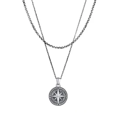 Image of Kuzzoi Men&#039;s Silver Necklace Layer Look with Compass Pendant (25 mm), for Men in Oxidised 925 Sterling Silver, Chain Maritime, Handmade, one size,