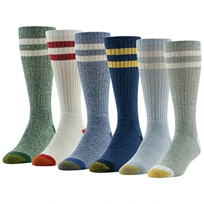 Image of Gold Toe Men&#039;s Harrington Crew Socks, Multipairs, Retro Stripe (6 Pairs), Large (Pack of 6)
