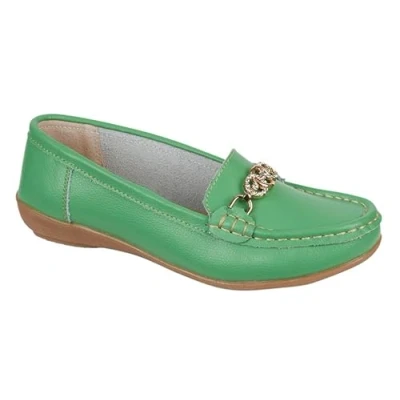 Image of Jo &amp; Joe Ladies Leather Slip On Gold Effect and Diamante Trim Loafers (Apple, UK Footwear Size System, Adult, Women, Numeric, Medium, 5)