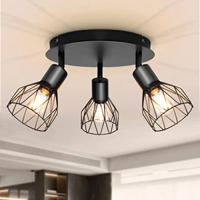 Image of Dehobo Spot Light Fittings for Ceilings Adjustable Metal Wire Cage Kitchen Spotlight Ceiling Lights with E14 Base Black 3 Way Industrial Indoor Bedroom Hallway Living Room Shop