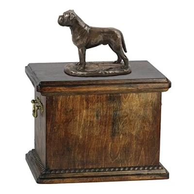 Image of Art Dog Custom Sitting Statue Memorial Urn Handmade Cold Cast Bronze on Birch Base Sturdy and Stylish for Dog’s Ashes 29cmx21cmx38cm Bullmastiff