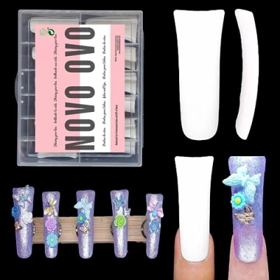 Image of NOVO OVO Extra Long Duck Nail Tips Full Cover for Acrylic, White XL XXL Flare Feet Nails Press On, Y2K Vibe Wide French Soft Gel False Extension Art Salon x 12 Sizes in Box 120 pcs
