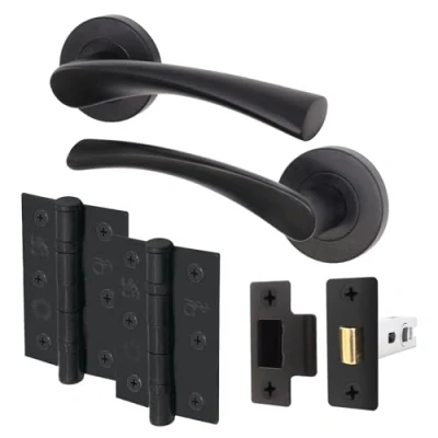 Image of EAI Black Door Handle Latch Set Round T Bar Internal Handles, (64mm), Hinges (76mm) Matt Lever On Rose Novoli Range