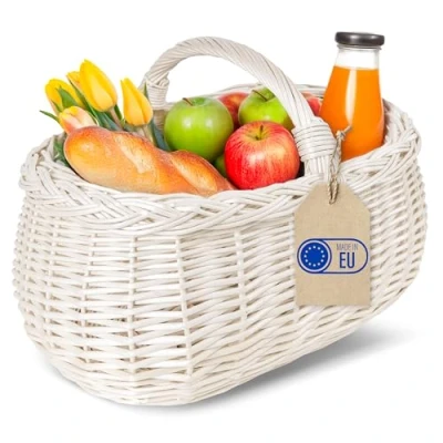 Image of Creative Home White Wicker Shopping Basket 45 x 32 34 cm (+/ 1 cm) Large &amp; Light with Handle Handmade Durable Natural Thick Willow Woven Easter, Picnic, Fruit, Gift