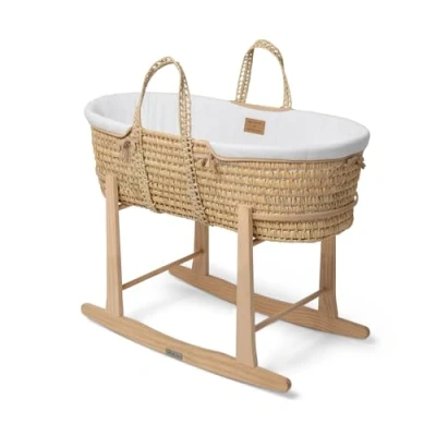 Image of Clair de Lune Organic Palm Moses Basket with Natural Rocking Stand, Award Winning Baby Bassinet 75 x 28 cm (White)