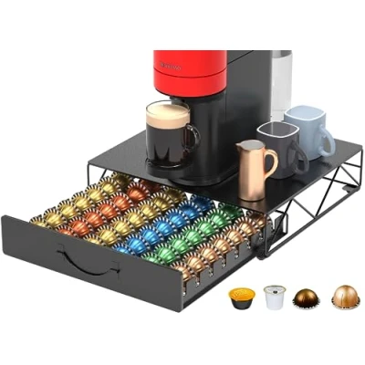 Image of Metal Coffee Pod Holder for 48 Nespresso Vertuo Capsules Pods &amp; Dolce Gusto Pods, HFHOME Vertuoline Capsule Drawer Organiser Machine Stand