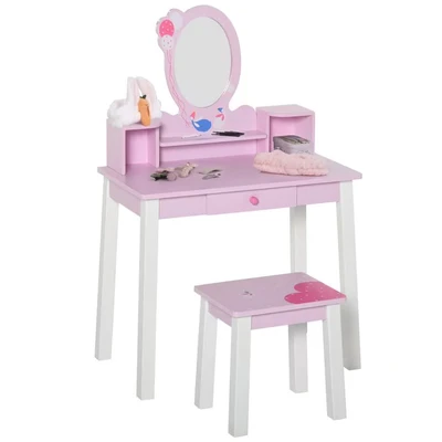 Image of HOMCOM 2 PCS Kids Wooden Dressing Table and Stool Girls Vanity Makeup Set with Mirror Drawers Role Play Toy for Toddlers Age 3 Years +, Pink White