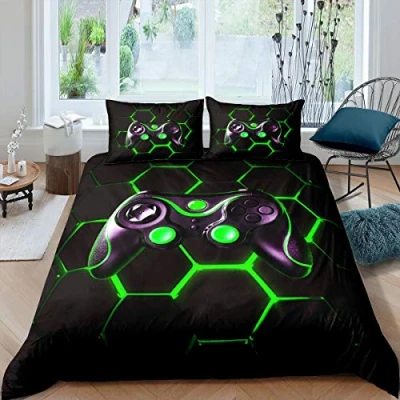 Image of Boys Teens Gaming Duvet Cover Set Kids Video Game Gamepad Bedding Geometric Honeycomb Hexagon Comforter Controller Bedspread 2Pcs Single Size,Black,Green