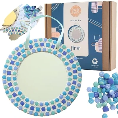 Image of Crafty You Me Mosaic Mirror Craft Kits, Creative Activity, Arts and Crafts Gifts, Everything Included, Glass Tiles (Blue), Made in UK