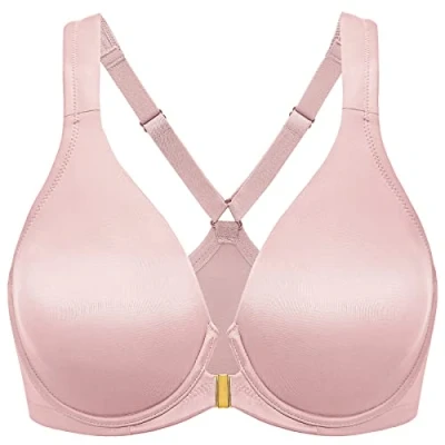 Image of Delimira Women&#039;s Front Fastening Bras Plunge Plus Size Underwired Racer Back Unlined T Shirt Bra Gentle Rose 40DD