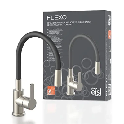 Image of EISL Flexo Flexible Kitchen Sink Tap, High Spout with Soft Touch Hose, 360 Degree Swivel, Water Saving Function, NI186FLNIB, Black Stainless Steel