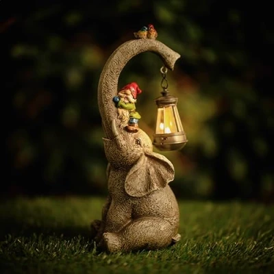 Image of Garden Mile Large Elephant Ornament with Solar Lantern Weatherproof Resin Ornaments Outdoor Powered LED Light Statue for Patio/Garden Decor (Elephant Lantern)