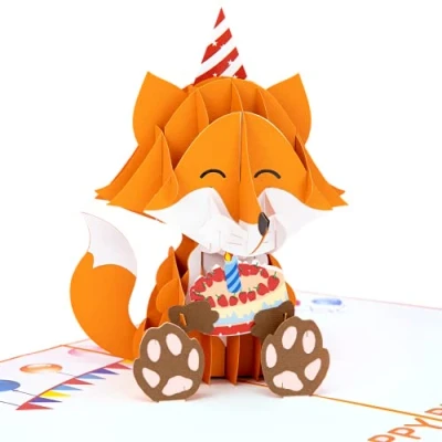 Image of LIMAH® Pop Up 3D Greeting Card Birthday Invitation Gift Fox Design Kids Orange/Large
