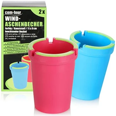 Image of com four® 2x ashtrays for outside wind storm mesh cups with luminous lid car ashtrays, Ø 8 cm (2 pieces pink blue)