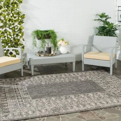 Image of SAFAVIEH Contemporary Rug for Indoor &amp; Outdoor Courtyard Collection, Short Pile, in Black and Beige color, 122 X 170 cm