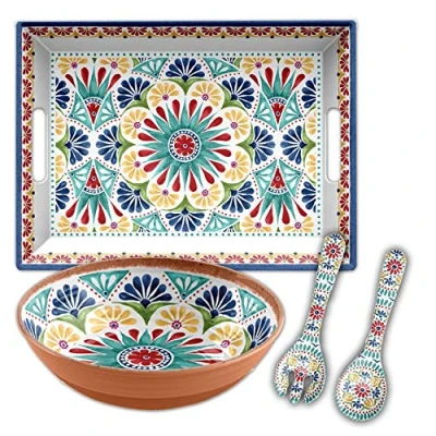 Image of Purely Home Rio Medallion Outdoor/Picnic/BBQ 3 Piece Plastic/Melamine Salad Serving &amp; Tray Set