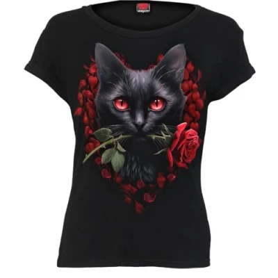 Image of Spiral Cat&#039;s Love Boatneck Cap Sleeve Top Black L